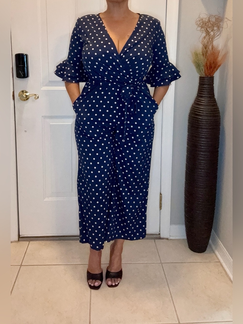 Polka Dot Navy Wrap Crop Jumpsuit with Tie Waist